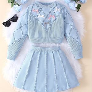 TEMU 우아한 핑크 니트 드레스 화이트 리본 디테일 - 긴 소매, 골지 질감, 플레어 스커트, 봄 & 가을에 완벽, 여아 패션, 가을 착용 | 우아한 니트 드레스 | 건축, 니트 드레스|가을원피스