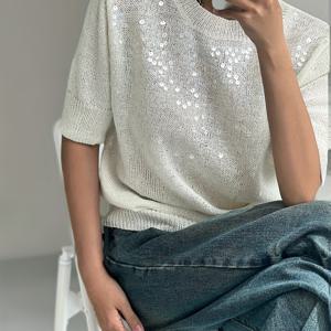 TEMU 여성의 우아한 시퀸 크루 넥 반팔 티셔츠 - 반짝이는 핑크 캐주얼 풀오버, 대비 디테일, 올 시즌 편안한 핏, 여성 티셔츠