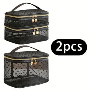 TEMU 빈티지 영감 러브 하트 메쉬 화장품 가방 2개 세트 - 대용량, 휴대용 이중 레이어 정리함, 투명한 보기 창문, 블랙 폴리에스터 소재, 골드 지퍼 및 손잡이, 여행 및 일상 사용을 위한 워시블, 하트 모양 지퍼 풀 | 내구성 있는 화장품 가방