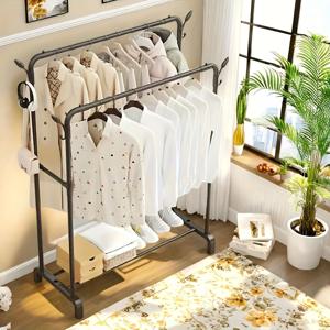 TEMU 대용량 헤비듀티 더블 바 옷 건조대 - 침실, 발코니 및 욕실에 적합한 독립형 바닥 세탁 보관 선반, 공간 절약형 의류 및 수건 건조대, 편리한 조립, 다기능 저장 솔루션 | 철 구조, 세탁실 액세서리|빨래건조대