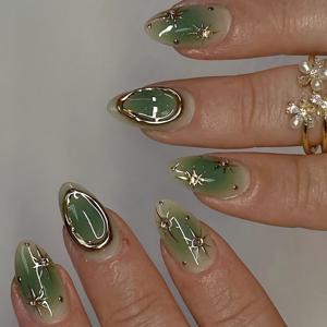 TEMU 10pcs 손으로 만든 아몬드 모양 프레스 온 네일, 녹색 블러시 골드 3D 원 별 폭발 풀 고급 고급성 감정 네일 팁, 광택 마무리, 중간 길이, 자수 없는 색상, 프레스 온 매니큐어 | 우아한 매니큐어 | 반짝이는 액센트|네일팁
