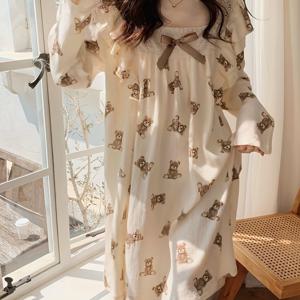TEMU 귀여운 달콤한 곰 프린트 긴팔 잠옷, 루즈핏, 한국 스타일, 폴리에스터, 리본 디테일, 스퀘어 넥, 성인, 봄/여름, 캐주얼, 2025년 새로운 스타일, 홈웨어, 외부 착용 가능