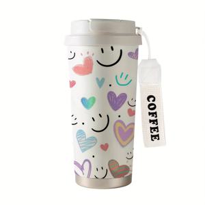 TEMU 500ml 보온커피컵 (빨대 & 휴대용스트랩 포함) - 사랑스러운 이모티콘과 하트 그래피디 디자인, 파스텔핑크/퍼플/옐로우/핑크, 누수방지 여행머그잔, 핫&콜드음료용, 발렌타인데이/생일선물, 사무실 & 여행필수품을 위한 휴대형 텀블러
