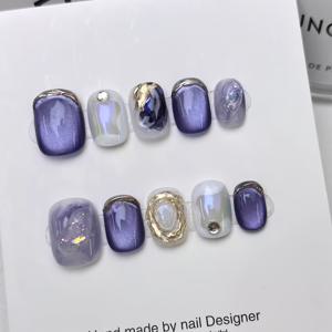 TEMU 10pcs 순수한 손으로 만든 판타지 블루 프레스드 네일, 짧은 발레트 형태, 그라데이션 및 그라데이션 디자인, 광택 있는 마무리, 높은 품질의 제거 가능한 블루 및 퍼플 네일 팁|네일팁