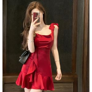 TEMU 여성용 우아한 섹시 레드 바디콘 드레스 - 여름 스파게티 스트랩 주름 허리 미니 스커트, 조절 가능한 타이업 디테일 & 캐주얼에서 이브닝까지 매력적인 핏, 슬림한 원단 구성