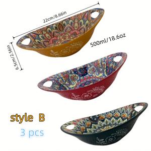 TEMU 3개 세트, 스타일의 새로운 오벌형 더블 핸들 샐러드 볼, 전자레인지 사용 가능 보트 모양 접시, 쌓을 수 있는 식품 그릇, 과일 그릇, 수프 그릇, 스튜 그릇, 파스타 그릇, 시리얼 그릇