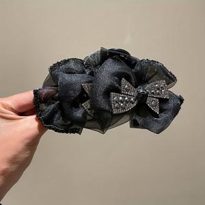 TEMU 1개 대형 우아한 빈티지 헤어 클로 클립 - 블랙 네트 장식 스팽글 보우, 데일리 웨어 & 파티용 고정력 강화, 발렌타인데이 선물, 패브릭 디자인, 고퀄리티 헤어 액세서리, 정장 스타일링