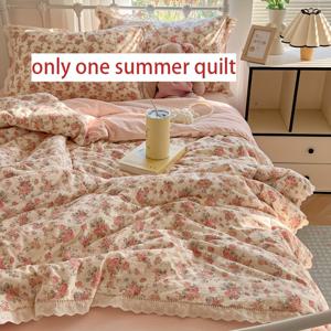 TEMU 1개 레이스 트림 플로랄 여름 이불 - 더블 레이어 시스루 가벼운 통기성 사계절용 침구, 세탁 가능한 현대적 디자인, 침실/게스트룸/소파용, 섬세한 디테일의 소프트 텍스처, 장식용 던지기, 게스트 숙박용, 홈 테크스타일, 로맨틱 스타일, 내구성 있는 폴리에스터, 다용도 침구, 스타일리시 리빙