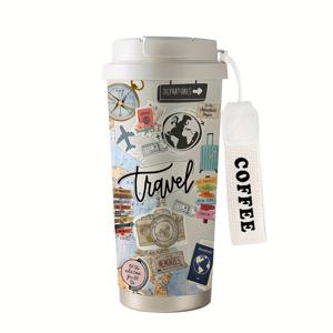 TEMU 530ml 여행 탐험 보온 텀블러 - 세계 지도 & 빈티지 여권 스탬프 디자인, 이중 벽 진공 단열, 누수 방지 뚜껑 & 빨대 포함, 휴대용 스트랩 - 핫/콜드 음료 커피 머그컵, 발렌타인데이/어버이날 선물, 사무실/스포츠/여행용, 인스타그램에 딱 맞는 여행 열정 선물