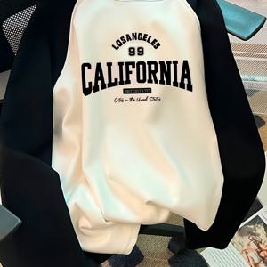 TEMU 소녀용 가을 겨울 긴팔 티셔츠 - 블랙 & 화이트 대비 캘리포니아 그래픽 프린트, 통기성 니트 소재, 루즈핏 캐주얼 탑, 세탁기 사용 가능 틴 패션 디자인, 시즌 의류, 트렌디한 상의, 내구성 있는 구조, 프린팅 셔츠, 청소년용