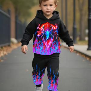 TEMU 남아용 후드 스웨트 셋. 3D 연기, 거미 프린트 패턴, 플러시 안감 후드 및 조거, 야외 활동에 완벽. 손으로 자르기, 어린이를 위한 이상적인 할로윈 선물.