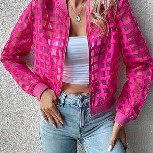 TEMU 여성용 우아한 세미시어 메쉬 숏 재킷, 베이스볼 칼라 & 지퍼 클로저 - 가벼운 사계절 H라인 슬림핏 코트, 캐주얼에서 반정장까지 (손세탁 가능, 드라이클리닝 금지) - 솔리드 컬러 레이어링 디자인