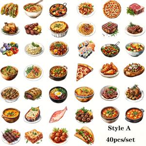 TEMU 40개/세트 레트로 아침 식사 피자 팬케이크 파스타 고기 시리즈 스티커, 고품질 DIY 노트북 스크랩북 저널 데칼/2D 플랫, 2D 평면