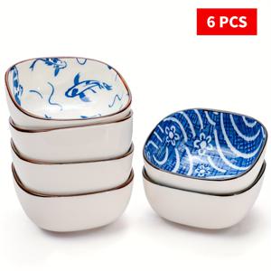 TEMU 6개*일본 스퀘어 딥잉 볼, 일본 세라믹 딥 볼, 스시 사이드 디시 볼, 소스, 스낵, 딥잉용, 6온스 소형 블루 앤 화이트 구멜 볼, 주방 준비 도구 -6개 세트 4인치, 스시 소스, 케첩, 샐러드 소이 소스, 바비큐, 스낵 및 기타 파티, 클래식, 빈티지, 일본