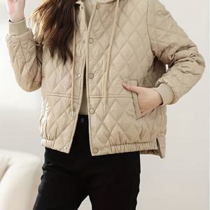 TEMU 여성용 경량 후드 퀼트 재킷 - 포켓이 있는 스타일리시한 블랙 겨울 코트, 긴 소매 및 버튼 디테일, 가을/겨울 야외 캐주얼 착용 및 캐주얼 의상, 여성용 겨울 코트, 여성용 플리스 겨울 재킷, 여성용 겨울 코트