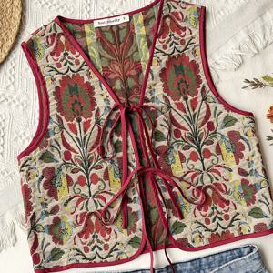 TEMU 자수 타이 웨이스트 조끼 빈티지 에스닉 자카드 앞끈 탑