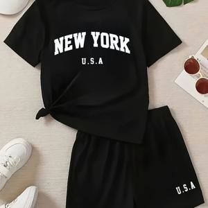 TEMU 여자 뉴욕 USA 그래픽 티셔츠 & 블랙 반바지 세트 - 부드러운 폴리에스터 캐주얼 여름 의상, 