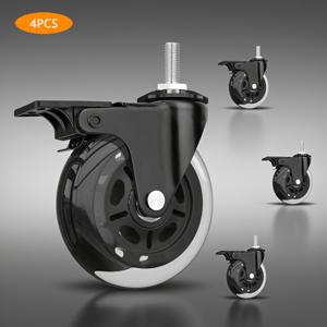 TEMU 4개 세트, 메트릭 M8/M10*20mm 나사 가구 무소음 캐스터, 헤비듀티 3인치 75mm PU 범용 캐스터, 모든 종류의 목재 바닥, 카펫, 타일 및 기타 바닥에 적합, 더 부드럽고 조용한, 더 노동 절약 및 더 내마모성, 이중 베어링 + 이중 웨이브 디스크 디자인; (검정 투명 바퀴)