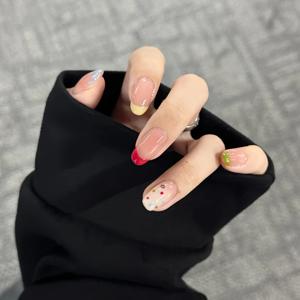 TEMU 10개입 K'APEINE 핸드메이드 도파민 네일 폴리쉬 숏 오벌 프레스온 네일 - 하트 & 파스텔 팁, 클리어 베이스 & 멀티컬러 (핑크, 그린, 옐로우, 레드, 블루, 화이트) - 글로시 셸라크 폴리쉬, 세니티브 라이트 베이지, 프렌치 매니큐어 스타일, 쉬운 적용, 램프 불필요|매니큐어|네일팁