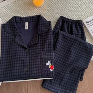 TEMU 여성용 고품질 체크무늬 강아지 파자마 세트 - 긴팔과 바지 포함 카디건, 봄/가을 홈웨어 투피스 의상, 통기성 좋은 캐주얼 라운지웨어, 여성용 파자마 세트|잠옷|냉장고바지|가디건
