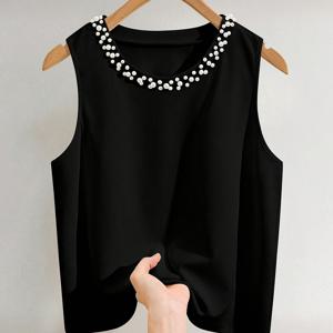 TEMU 여성용 우아한 민소매 블라우스 - 베이지/라이트 브라운 - 일상 및 정장용 시크 탑 - 사계절 레이어링 필수품 - 여성 패션 탑, 다재다능한 워드로브 스타일링, 세련된 디자인, 섬세한 디테일, 스타일리시 탑, 오피스 의상