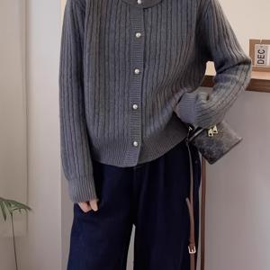 TEMU 여성용 포근한 케이블 가디건 - 회색, 긴 소매, 단추업, 루즈핏, 가을/겨울 아우터웨어 포켓 포함, 캐주얼 스타일, 가을 겨울 의류 | 케이블 가디건 | 건축, 가디건 스웨터