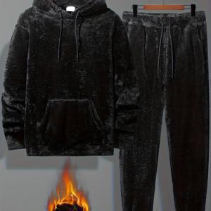 TEMU 2개 남성용 럭셔리 플리스 후드 스웨트슈트 세트 - 부드러운 플러시 보온 트랙수트, 풀지퍼 후디 & 매칭 조거 팬츠, 세탁기 사용 가능한 겨울 아웃핏 (블랙/그레이/올시즌) - 추운 날씨와 레이어링에 이상적, 솔리드 컬러 플리스 소재, 드로스트링 후드 & 포켓, 가을과 겨울을 위한 편안한 핏, 캐주얼하고 스타일리시한 남성 패션 세트