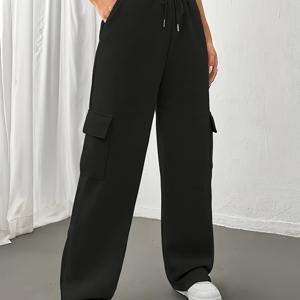 TEMU 여성용 포근한 플리스 안감 카고 팬츠 - 다중 포켓, 끈 조절 허리, 와이드 레그 디자인, 솔리드 블랙, 캐주얼 & 스포티 아웃핏에 완벽, 캐주얼 스포츠 웨어 | 와이드 레그 팬츠 | 플리스 안감 팬츠, 갭 플리스 스웨트팬츠, 포근한 겨울복, 플리스 안감 팬츠, 라운지웨어, 스타일리시 스포츠웨어, 멀티포켓 팬츠, 플러스 사이즈 여성
