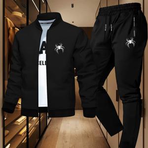 TEMU 남성용 슬림핏 재킷과 스웨트팬츠 세트 - 블랙 웹 프린트, 지퍼업 폴리에스터, 긴 소매, 캐주얼 가을/겨울 아우터웨어, 편안한 의류| 웹 프린트 재킷|지퍼 재킷, 남성 의류 세트, 남성 트레이닝 슈트 세트, 남성 가을 옷 세트