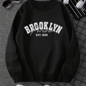 TEMU 남성용 브루클린 그래픽 스웨트셔츠 - 부드러운 폴리에스터 크루넥 풀오버, BROOKLYN EST.1889 디자인, 루즈핏 스트리트웨어 스웨터 (일상 및 여행용), 남성용 어반 패션 캐주얼 스웨터, 여행복, 트렌디한 디자인, 편안한 소재