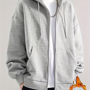 TEMU 남성용 풀 지퍼 재킷 - 겨울용 따뜻한 코트, 풀 지퍼 프론트, 루즈핏 캐주얼 아우터웨어, 추운 날씨용 블랙 후드 스웨터, 기계 세탁 가능한 긴팔 재킷 (드라이클리닝 금지) - 도시 출퇴근 및 야외 활동용