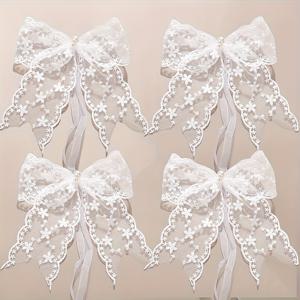 TEMU 4pcs 세트 우아한 쉬어 창문 커튼 타이백 - 러플 엣지 & 대형 리본, 화이트 & 레이스 텍스처, 프라이버시 & 빛 차단용 패브릭, 클래식 유럽 스타일 거실, 침실 창문 장식 - 접착/나사 고정으로 간편 설치 (드릴링 필요 없음)