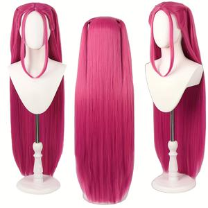 TEMU 고온 내성 합성 섬유로 제작된 통용 사이즈 애니메이션 캐릭터 코스튬 가발, 통기성 메쉬 캡 포함. 멋지고 스타일리시한 걸그룹 스타일 로즈핑크 포니테일. 음악 파티, 할로윈, 크리스마스 페스티벌에 완벽한 풀헤드 가발