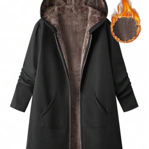 TEMU 플러스 사이즈 - 플러스 사이즈 여성용 우아한 후드 파카 코트, 플러시 인조 퍼 안감, 긴 소매 지퍼 포켓, 단색 레귤러 핏, 추운 날과 휴일 선물용, 겨울 코트, 편안한 아우터웨어, 스타일리시 여성용 내구성 있는 아우터웨어