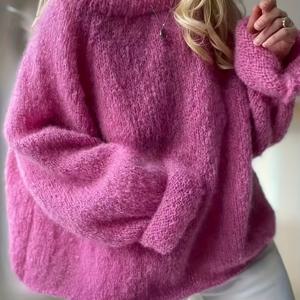 TEMU 여성용 오버사이즈 핑크 샤기 스웨터 - 부드러운 플러시 라운드넥 풀오버, 포근한 겨울 스웨트 코트 재킷 스타일 탑, 세탁기 사용 가능한 사계절 캐주얼 블러쉬 , 가을 & 겨울 레이어링용