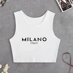 TEMU 여성을 위한 밀라노 이탈리아 그래픽 탱크 탑 - 멋진 글자 프린트가 있는 슬리브리스 캐주얼 V넥, 통기성이 좋은 스트레치 소재, 봄 & 여름 의상에 완벽한 이탈리아 스타일 탑, 다용도 의류 | 편안한 핏