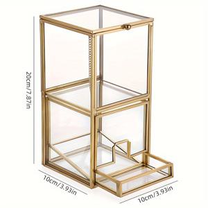 TEMU 1개 금색 유리 면봉 홀더 뚜껑과 볼, 라운드 패드, 메이크업 패드용 2칸 수납함, 화장대나 작업대에 적합한 코스메틱 보관 상자, 면봉 디스펜서