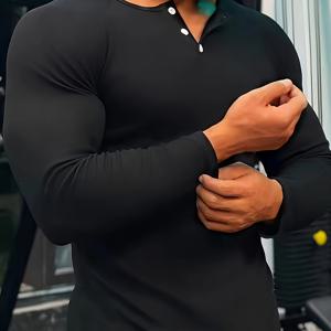 TEMU 남성용 아이스 슬릭키 파이버 슬림핏 고탄력 티셔츠 - 솔리드 블랙 긴팔 짐탑, 바디빌딩, 웨이트리프팅 및 캐주얼 웨어를 위한 정의하는 수직 디자인, 세탁기 사용 가능한 운동복