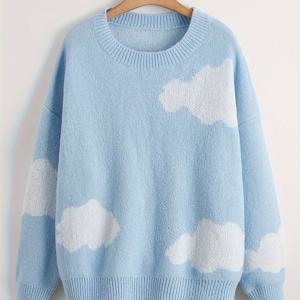 TEMU 플러스 사이즈 여성용 오버사이즈 루즈핏 기하학적 구름 패턴 스웨터 - 가을 겨울용 소프트 롱 슬리브 라운드 넥 풀오버, 캐주얼 시크한 코지 워드로브 필수품, 편안한 착용감의 윈터 탑, 내구성 있는 겨울 의류