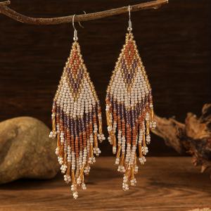 TEMU 빈티지 보헤미안 비즈 장식 술 귀걸이, 수제 다이아몬드 모양 프린지 댕글 귀걸이, 구리 귀 바늘, 도금 없음, 일상 및 휴가 착용 - 모든 계절에 적합