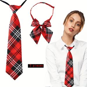 TEMU 2개 33cm13인치 영국 컬러 직조 고품질 매트 영국 체크무늬 넥타이 지퍼 없는 조절 가능한 보우 타이 컬리지 스타일 셔츠 JK 넥타이 여성 일상용