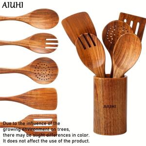 TEMU AIUHI 6개 세트 목재 숟가락 홀더 포함 요리용 - 목제 조리 도구 - 소프트 그립 우드 스푼 - 논스틱 우드 스푼 - 보관 버킷이 있는 우드 스푼, 크리스마스에 가장 적합, 추수감사절에 완벽