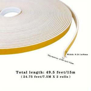 TEMU 15미터 화이트 자체 접착 폼 방수 테이프 - 6mm x 1.5mm 두께의 강력한 소음 감소 및 충격 흡수, 먼지 차단용 실링 테이프, 창문/문/가구/벽/스케이트보드/자전거 핸들바용 - 플라스틱/목재/유리/금속 다중 표면 보호 | 다양한 용도|실내자전거