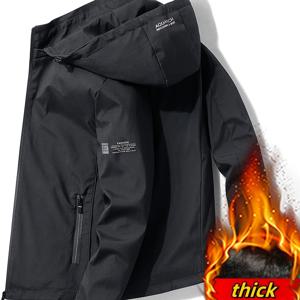 TEMU 남성용 네이비 블루 두꺼운 플리스 안감 재킷 - 가을/겨울용 캐주얼 폴리에스터 지퍼업 후드 코트, 세탁기 사용 가능, 캐주얼한 추위 방지 코트|세련된 남성용 코트|폴리에스터 재킷