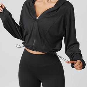 TEMU 여성용 하이 스트레치 후드 스포츠 재킷 - 줄이 있는 밑단 - 지퍼업 짧은 크롭 디자인 - 러닝, 요가, 캐주얼 웨어용, 블랙, 요가 의류 | 스포티 후드 재킷 | 부드러운 질감