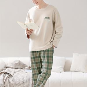 TEMU 남성 캐주얼 플레드 잠옷 세트, 2피스 긴팔 크루넥 파자마 (포켓 포함), 폴리에스테르 및 엘라스테인 블렌드, 약간 늘어나는 니트 원단, 봄/가을용 레귤러 핏 라운지웨어