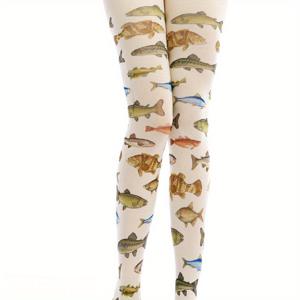 TEMU 트로피칼 피쉬 패턴 쉬어 타이츠 - 여성용 100% 폴리에스테르 니트 팬티 스타킹, 기계 세탁 가능, 동물 프린트 스타킹 - 노벨티 호시리