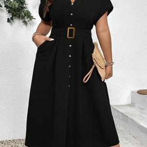 TEMU 벨트가 있는 우아한 단색 미디 드레스 - 캐주얼 반팔, 여성용 버튼업 라펠 칼라 - 봄/여름/가을에 완벽함