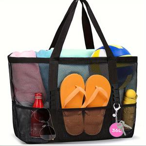 TEMU 초대형 메쉬 비치 토트백 - 튼튼한 폴리에스테르, 수영 장비 및 장난감 보관을 위한 멀티 포켓 디자인, 가족 휴가에 완벽