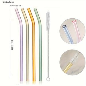 TEMU 4가지 유리 빨대 1세트 + 브러쉬 1개 - 재사용 가능, 내열성, 야외, 레스토랑, 피크닉, 캠핑, 스포츠, 스무디, 쉐이크, 차, 주스에 적합 - 청소 브러쉬, 재사용 가능한 유리 빨대, 캠핑 필수품, 생생한 빨대 포함